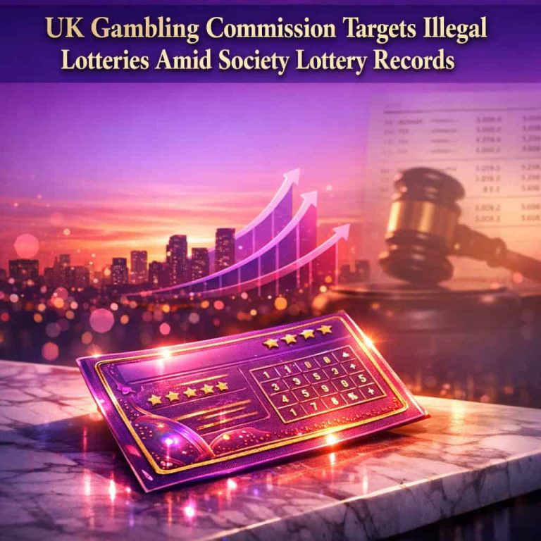 Logotipo da UK Gambling Commission com dados de loterias