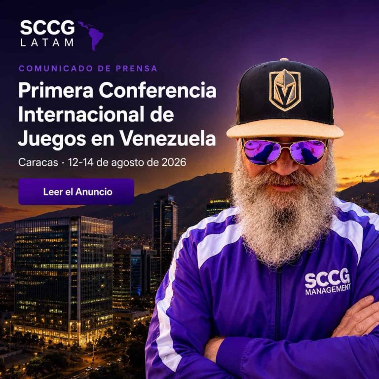 Profissionais da indústria de gaming em uma conferência, discutindo o mercado latino-americano.