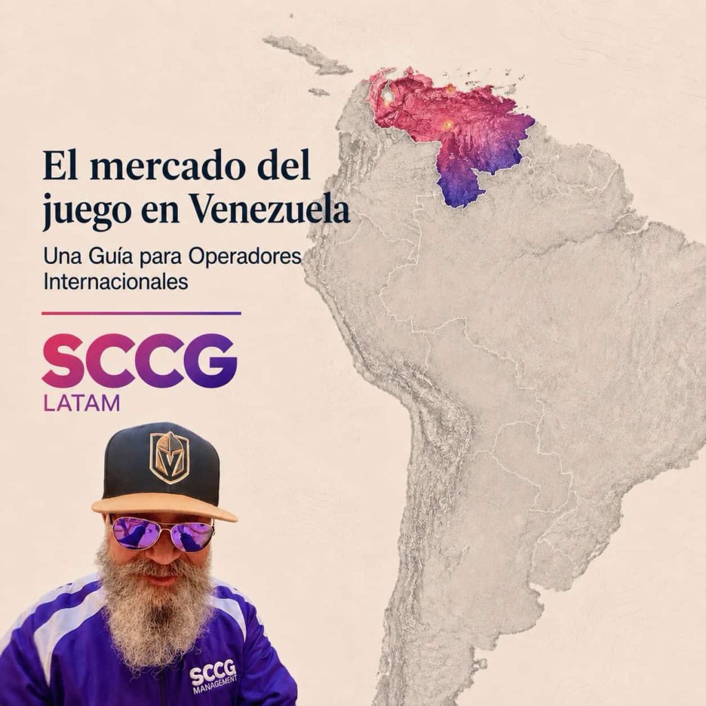 Mapa da Venezuela com ícones de jogos de azar e dinheiro, simbolizando o mercado regulado e as oportunidades financeiras.