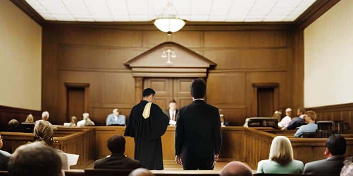 Um martelo de juiz sobre documentos de tribunal, simbolizando o julgamento de uma rede de apostas ilegais no Vietnã.