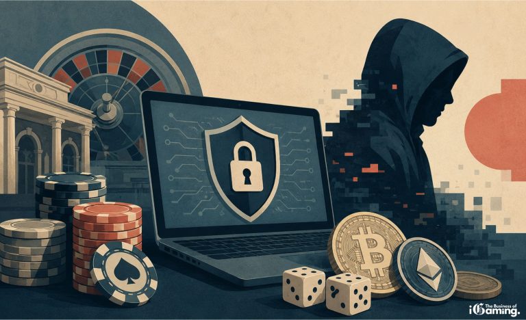 Ilustração digital de um cadeado cibernético protegendo fichas de cassino e símbolos de criptomoedas, representando a segurança em plataformas de jogos online.
