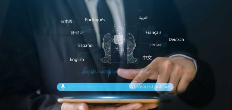 Uma pessoa concentrada estudando um idioma em um tablet, com ícones de inteligência artificial e tradução em segundo plano.