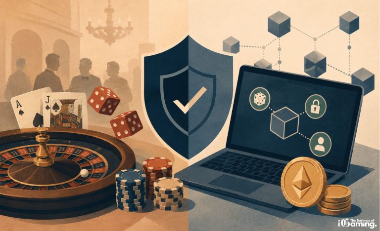 Ilustração conceitual de um cassino cripto com o selo "Provably Fair" e elementos de blockchain.
