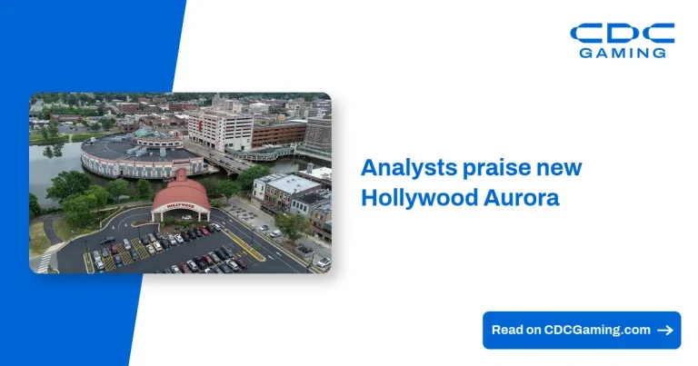 Novo cassino Hollywood Aurora em Illinois, mostrando sua arquitetura moderna e a proximidade com um shopping de outlets.