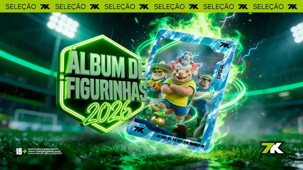 Ilustração de um álbum de figurinhas digital com tema de Copa do Mundo e o logo da 7K Bet.