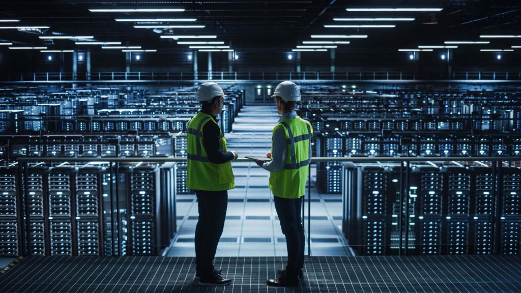 Servidores de data center em Nova York, com luzes indicando o consumo de energia e a complexidade da infraestrutura.