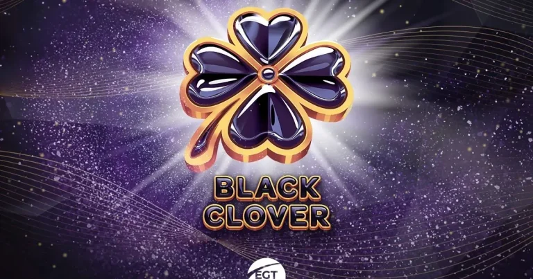 Interface do jogo de slot Black Clover Bell Link da EGT Digital com tema de trevo, cores preto e dourado.