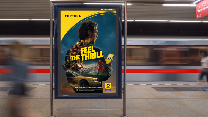 Imagem de um anúncio da campanha "Feel the Thrill" da Fortuna Entertainment Group, exibindo elementos de jogos e emoção.