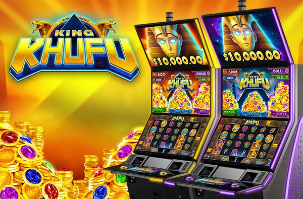 Imagem da máquina de slot King Khufu da IGT, com tema egípcio e tela tripla RISE32.