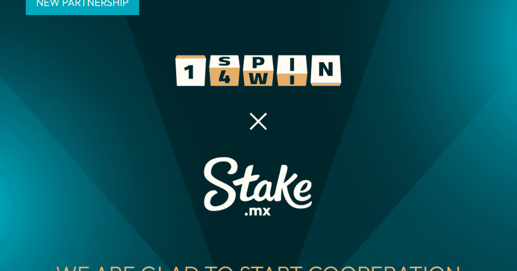 Interface de jogo de slot da 1spin4win em uma tela, com o logotipo do Stake.mx ao fundo, simbolizando a parceria e a expansão no mercado mexicano.