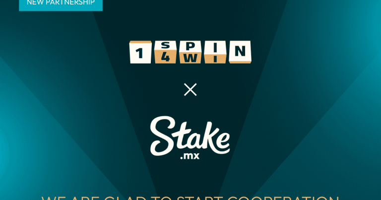 Interface de jogo de slot da 1spin4win em uma tela, com o logotipo do Stake.mx ao fundo, simbolizando a parceria e a expansão no mercado mexicano.