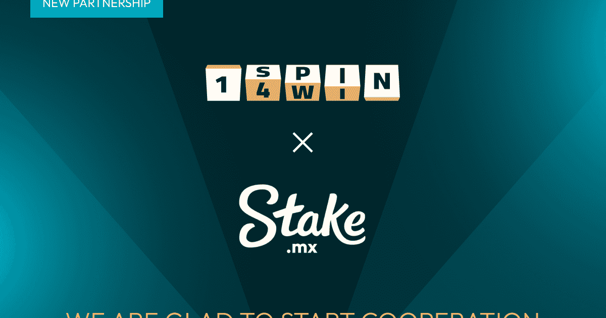 Interface de jogo de slot da 1spin4win em uma tela, com o logotipo do Stake.mx ao fundo, simbolizando a parceria e a expansão no mercado mexicano.