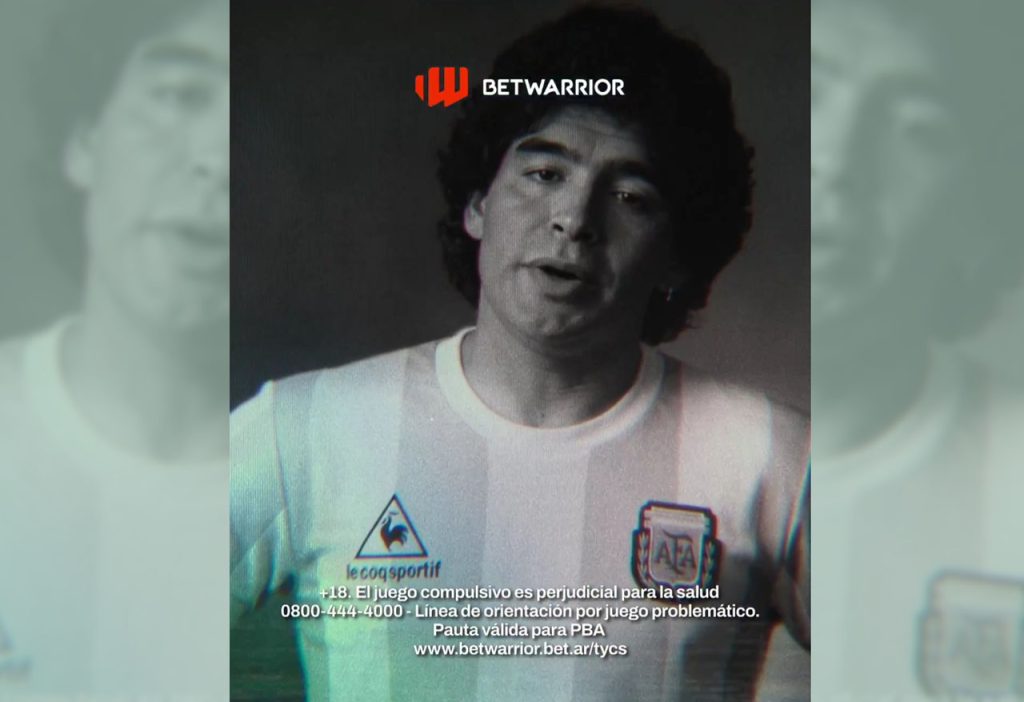 Diego Maradona em campo, vestindo a icônica camisa da seleção argentina de 1986, com um olhar determinado.