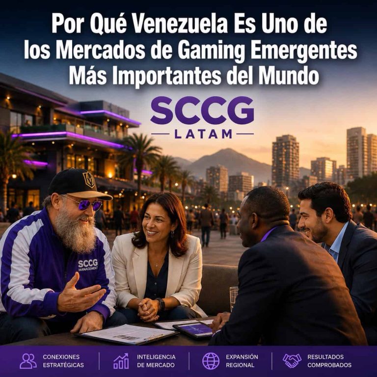Fachada do local da Venezuela Gaming Expo em Caracas, com participantes e estandes.