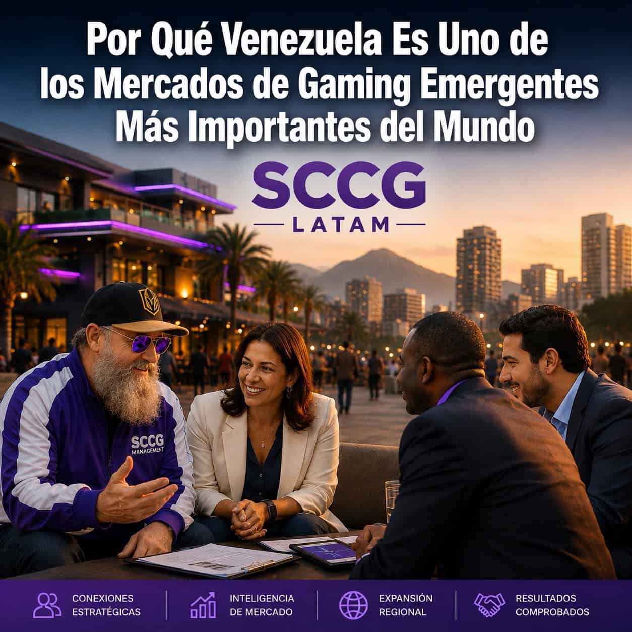 Fachada do local da Venezuela Gaming Expo em Caracas, com participantes e estandes.