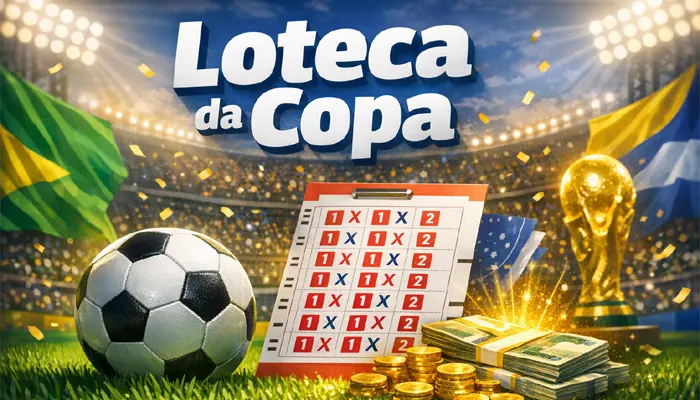 Talão de apostas da Loteca com uma bola de futebol e o troféu da Copa do Mundo ao fundo, simbolizando o último concurso especial.