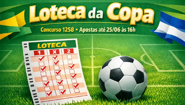 Bilhete da Loteca com símbolos da Copa do Mundo, representando o concurso 1258.