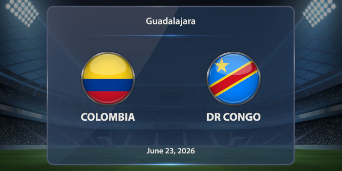 Jogadores de futebol da Colômbia e da RD Congo disputando a bola em um estádio de futebol durante a Copa do Mundo FIFA 2026.