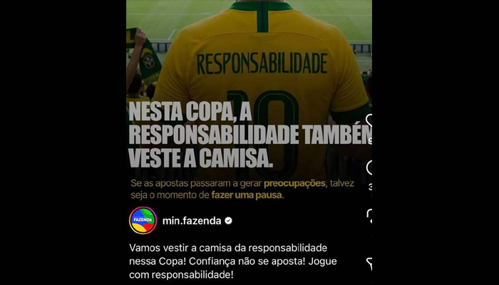 Logotipo do Ministério da Fazenda do Brasil em uma tela de celular exibindo uma publicação de rede social.
