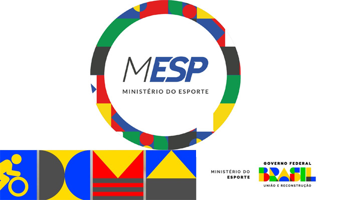 Logotipo do Ministério do Esporte do Brasil com símbolos esportivos e bandeira nacional.