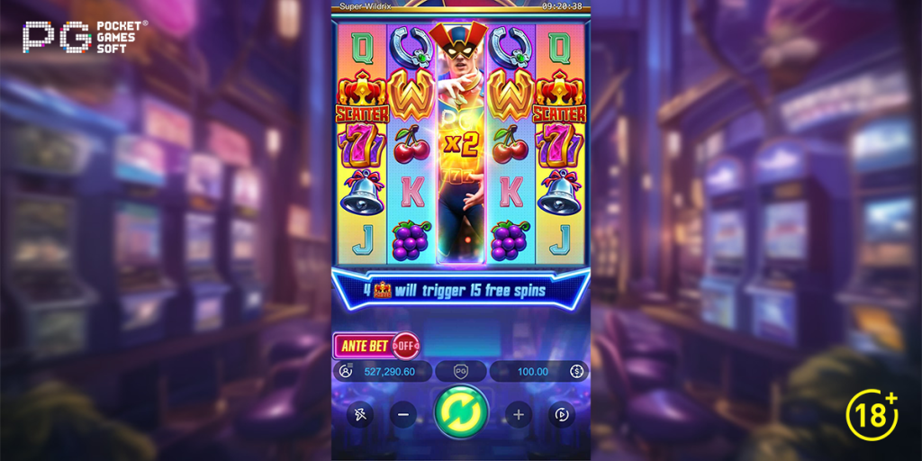 Imagem promocional do slot Super Wildrix da PG Soft, mostrando uma cidade neon com um super-herói e elementos de caça-níqueis.