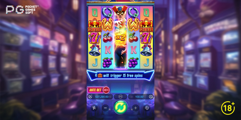Imagem promocional do slot Super Wildrix da PG Soft, mostrando uma cidade neon com um super-herói e elementos de caça-níqueis.