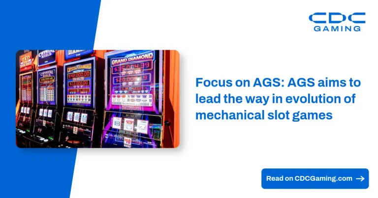 Máquina de slot mecânica AGS Revel com monitor HD exibindo gráficos de jogo e luzes LED.