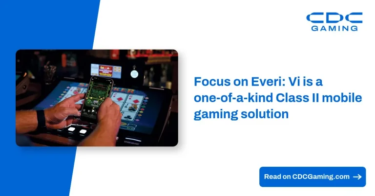 Ilustração da interface do Everi Vi em um smartphone, mostrando jogos e opções de carteira digital.
