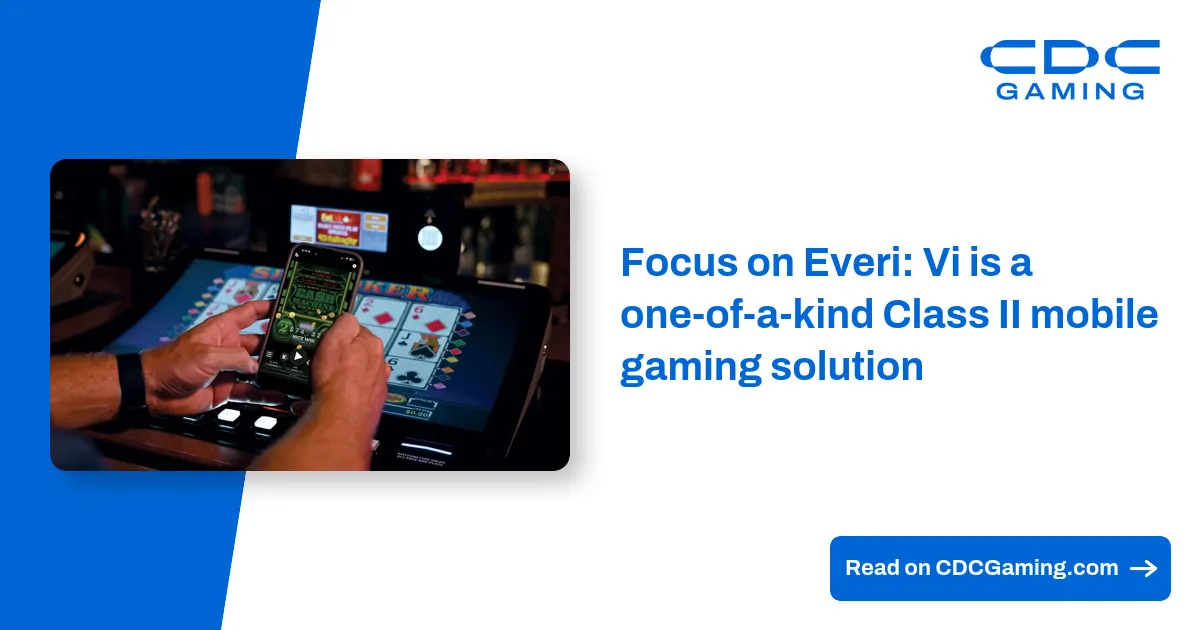Ilustração da interface do Everi Vi em um smartphone, mostrando jogos e opções de carteira digital.