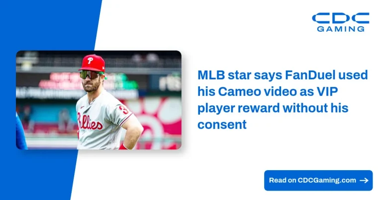 Bryce Harper, jogador de beisebol, em destaque com o logotipo da FanDuel ao fundo, simbolizando a controvérsia.