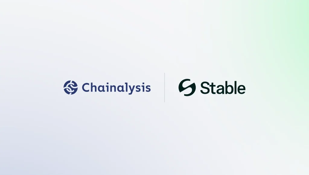 Logotipo da Chainalysis com ilustrações de stablecoins e a rede blockchain Stable.