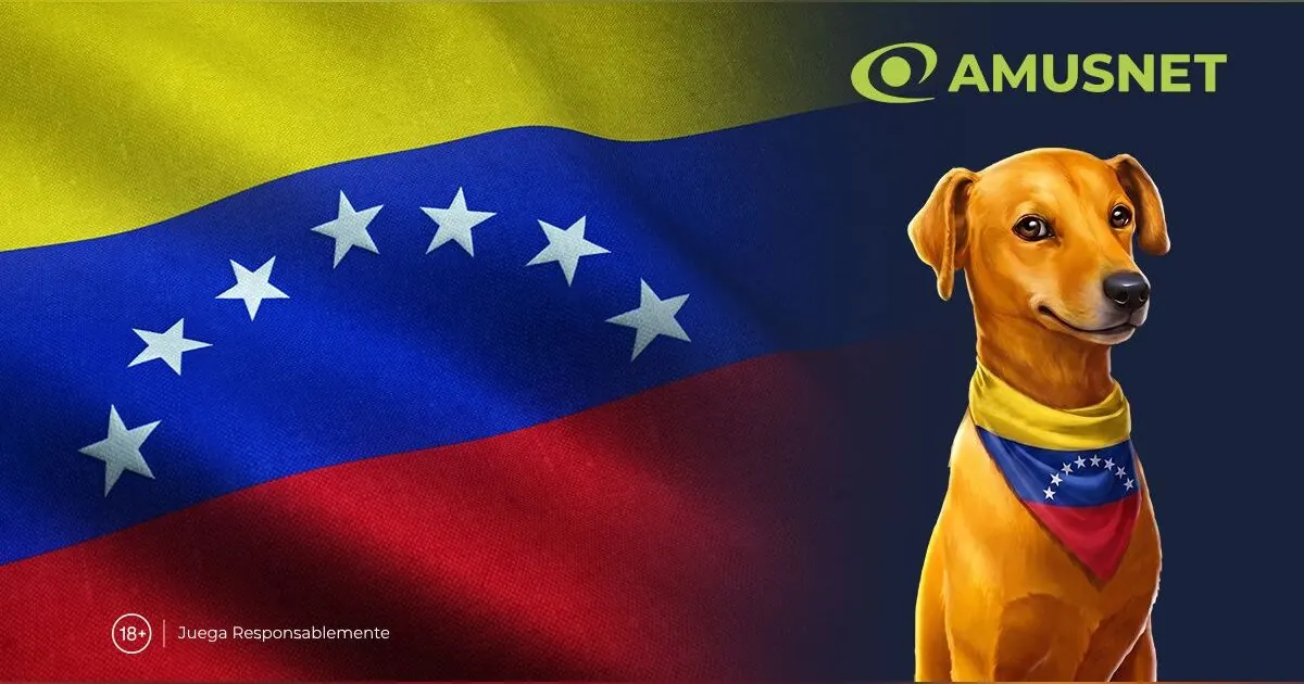 Cão caramelo sorridente, com elementos de jogo de cassino ao fundo, simbolizando a iniciativa de solidariedade da Amusnet.