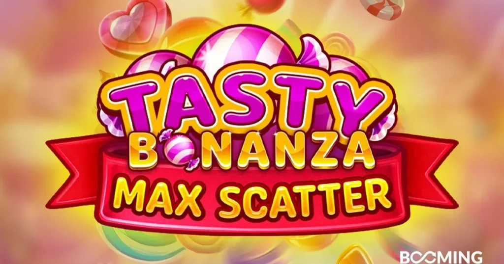 Imagem de um slot online 'Tasty Bonanza Max Scatter' com doces e símbolos coloridos em uma grade 6x4.