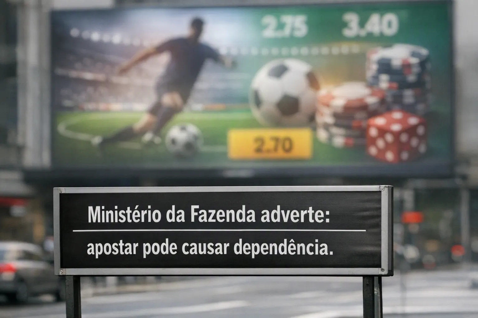 Um banner de publicidade de apostas esportivas com um selo de advertência do Ministério da Fazenda.