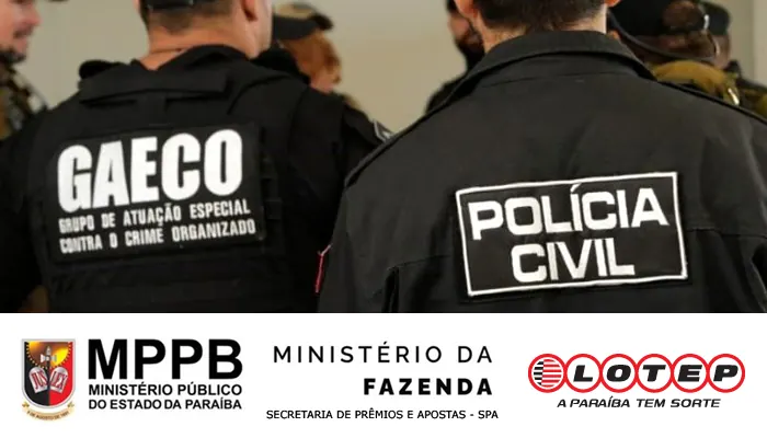 Agentes da polícia e autoridades fiscais em operação contra apostas ilegais, com documentos e equipamentos apreendidos.