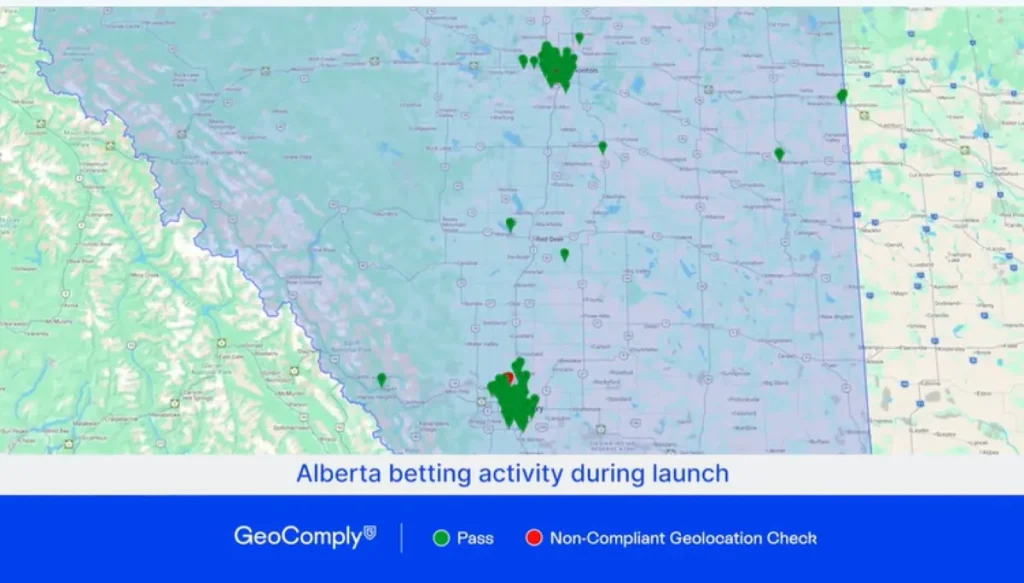 Gráfico mostrando 3,2 milhões de verificações de localização em Alberta, Canadá, na primeira semana de apostas online reguladas, com destaque para a tecnologia de geolocalização
