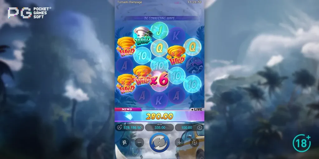 Slot Tornado Rampage da PG Soft com tema de tornado e cidade litorânea