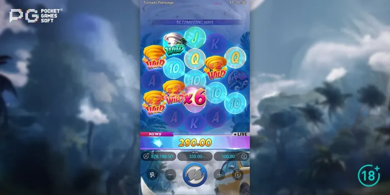 Slot Tornado Rampage da PG Soft com tema de tornado e cidade litorânea