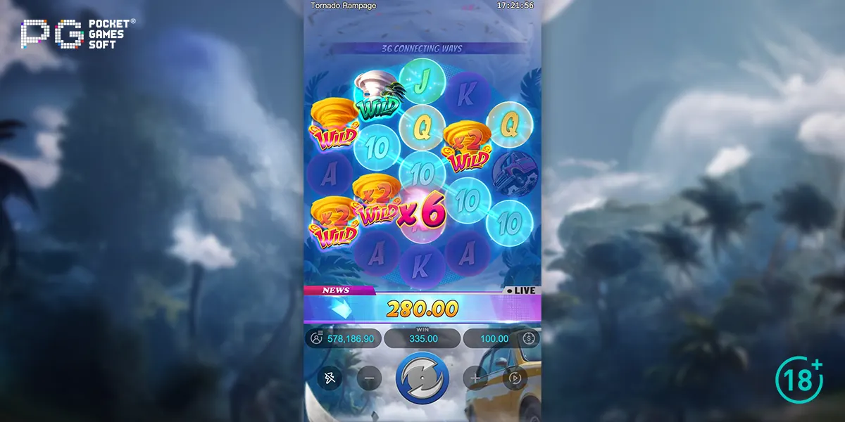 Slot Tornado Rampage da PG Soft com tema de tornado e cidade litorânea