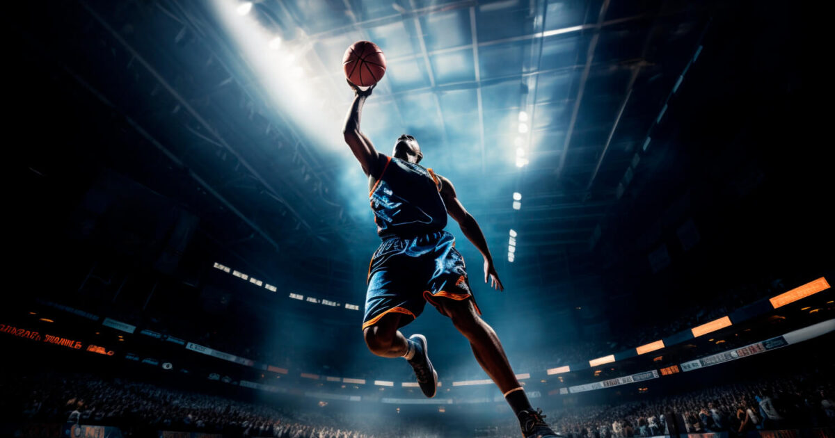 Jogador de basquete driblando com placar de jogo e estatísticas PRA (Pontos, Rebotes, Assistências) em destaque