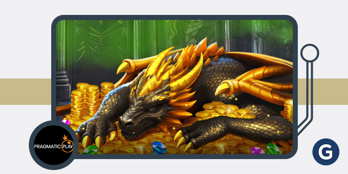 Tela do slot Sleeping Dragon Ultra Dark da Pragmatic Play mostrando o dragão negro sobre um tesouro, com símbolos de coroa, escudo e espada