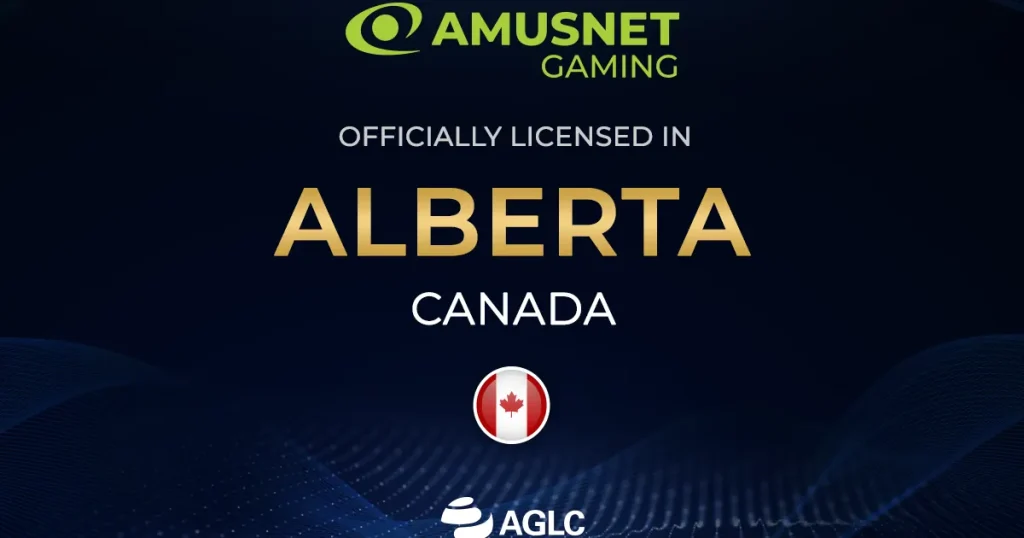 Logotipo da Amusnet Gaming com referência à licença condicional da AGLC em Alberta, Canadá