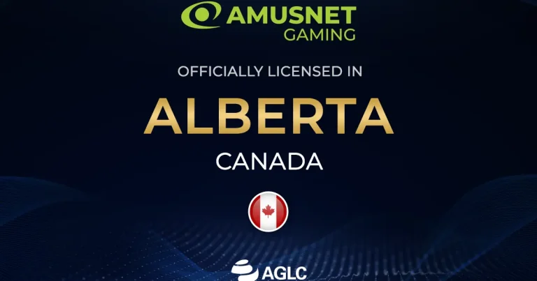 Logotipo da Amusnet Gaming com referência à licença condicional da AGLC em Alberta, Canadá