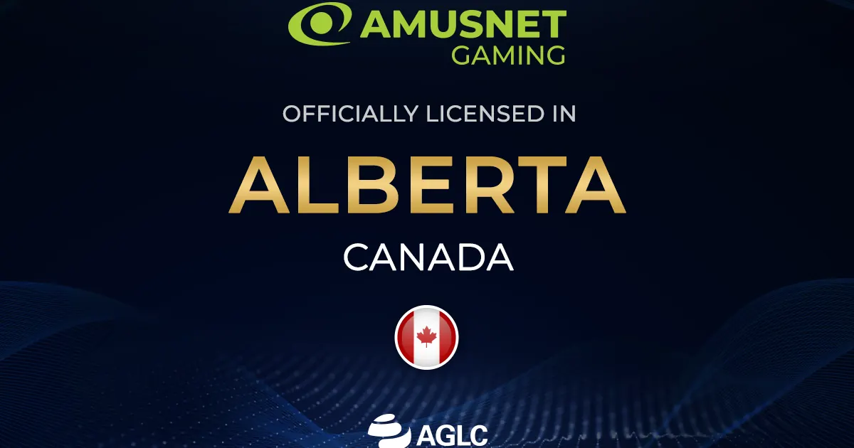 Logotipo da Amusnet Gaming com referência à licença condicional da AGLC em Alberta, Canadá