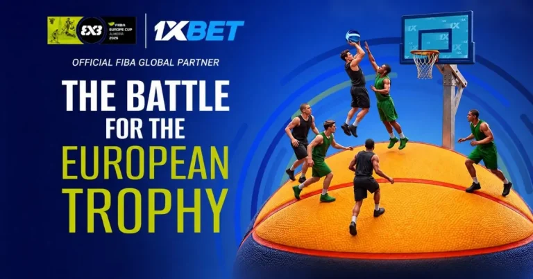 Quadra de basquete 3x3 com logotipo da 1xBet durante a FIBA 3x3 Europe Cup 2026 em Antuérpia