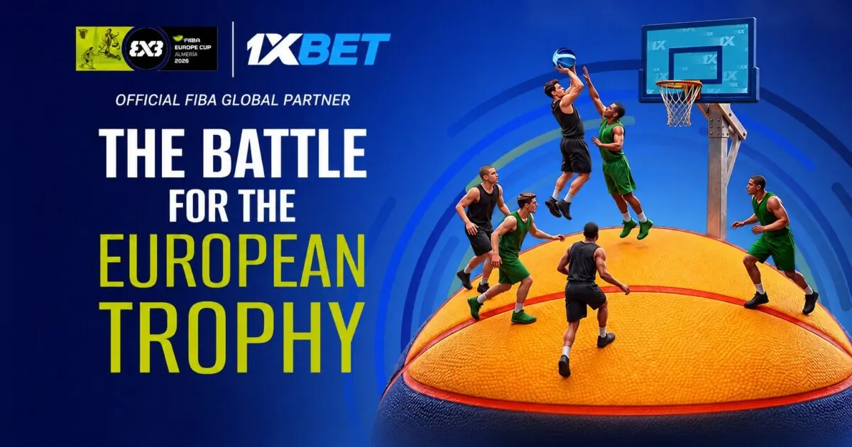Quadra de basquete 3x3 com logotipo da 1xBet durante a FIBA 3x3 Europe Cup 2026 em Antuérpia