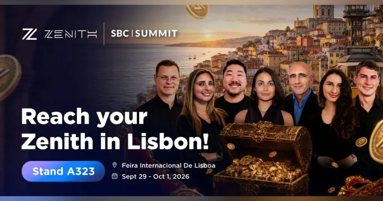 Stand da Zenith no SBC Summit Lisbon 2026 exibindo plataforma de agregação OneAPI e GamesAPI