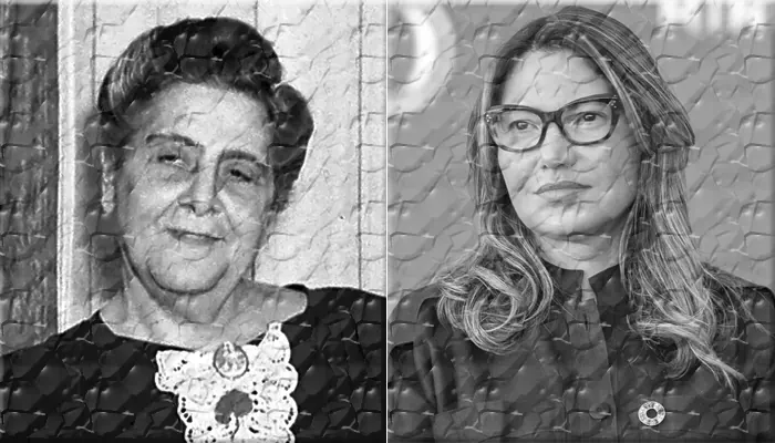 Colagem de retratos de Carmela Dutra e Janja da Silva sobrepostos a imagens de fichas de cassino e tela de apostas online, ilustrando o paralelo entre 1946 e 2026