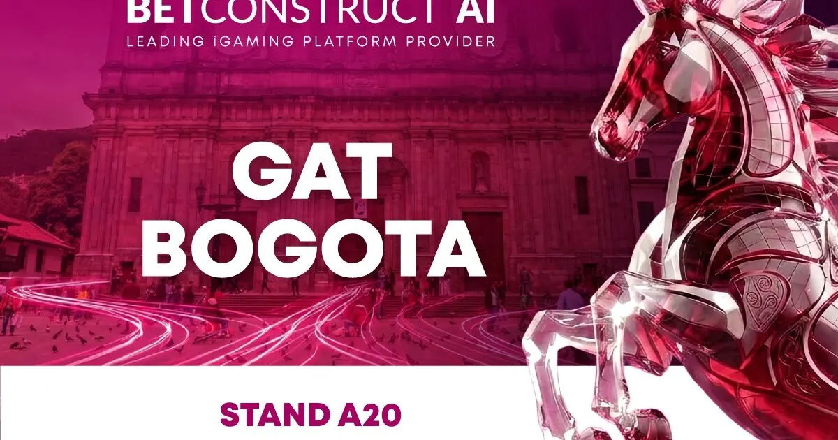 BetConstruct AI no estande A20 da GAT Bogotá 2026, exibindo plataforma de apostas e sistema de loteria BetNuma