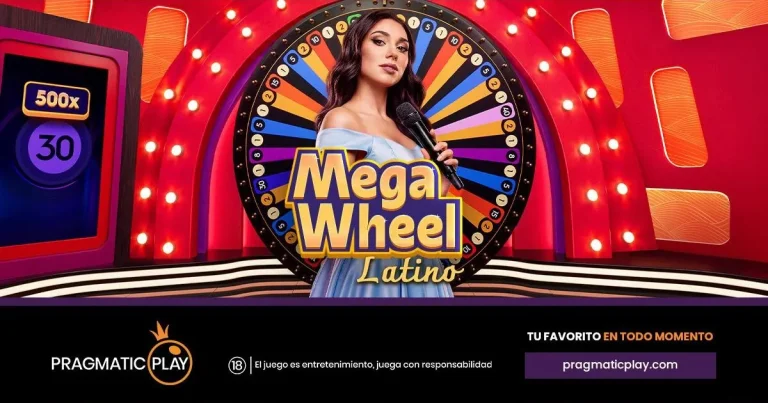 Apresentadora ao vivo do Mega Wheel Latino em estúdio colombiano com roda de prêmios e interface do jogo